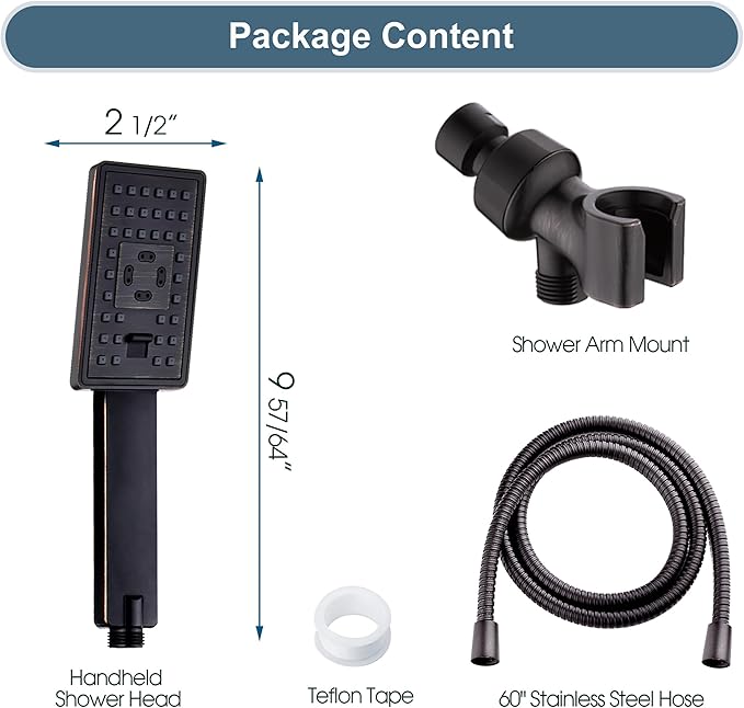 BRIGHT SHOWERS Handheld Shower Head Set High Pressure Hand Held Showerhead with 60 Inch Flexible Shower Hose and Adjustable Shower Arm Mount Bracket, 3 Spray Setting Shower Wand, Oil-Rubbed Bronze