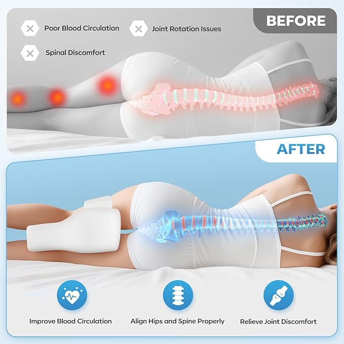 Ergonomic Knee Pillow with Adjustable Strap, Memory Foam Leg Spacer for Side Sleepers, Comfortable Bed Cushion, White