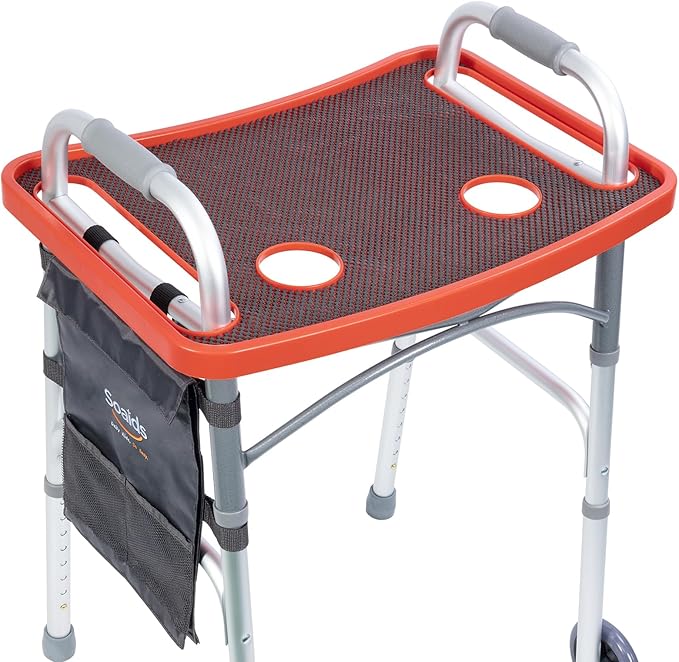 Walker Tray for Seniors with Dual Cup Holders, Side Pouch and Non-Slip Pad, Lightweight Durable Food & Drink Table, Compatible with Walker of 10210-1 Model (Red)