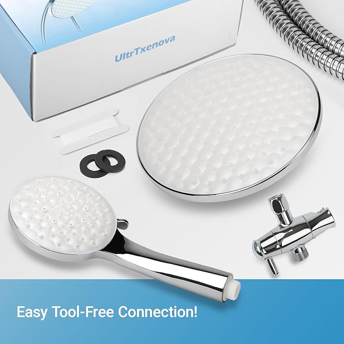 dual shower head with handheld combo,8.6 inch Rainfall showerhead,6 settings hand held shower heads with hose (Chrome)