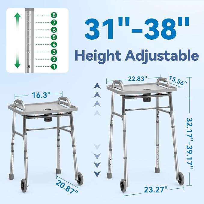 Loyoda Folding Walker with Tray, 5" Wheels Lightweight Walkers for Seniors and Adults, Supports Up to 350 Pounds, Adjustable Height, Compact Standard Walker, Silver