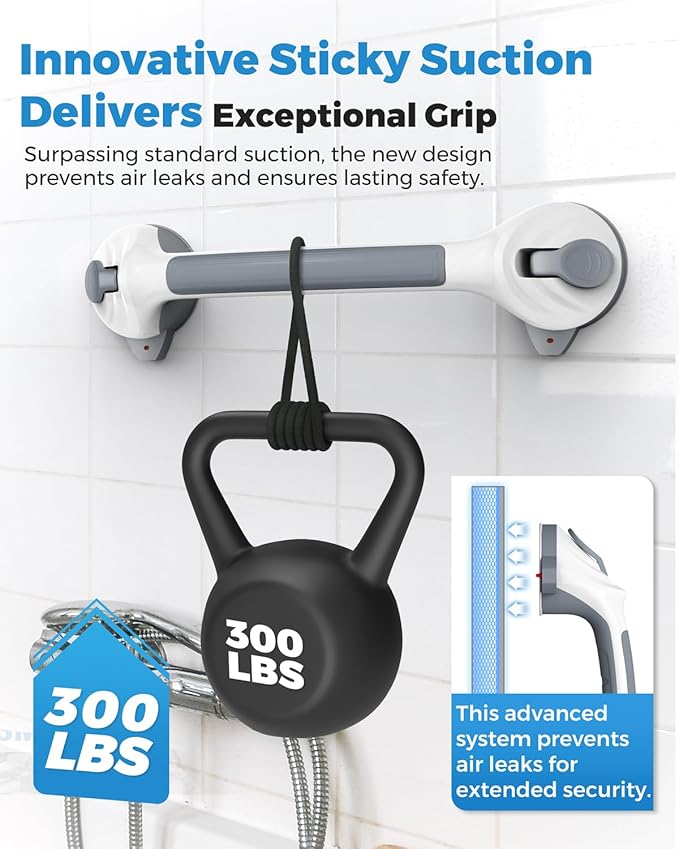 2 Pack 16.5" Suction Grab Bars for Showers with Safety Indicator, No-Drill 4mm Thickened Handicap Shower Handle for Seniors, Non-Slip Bathroom Balance Rail for Smooth Tiles & Tubs