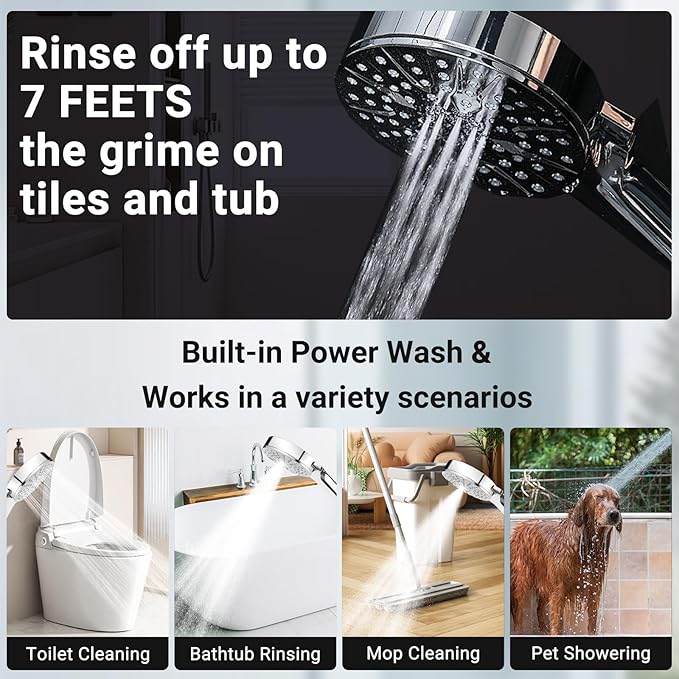 6-Mode Shower Head with Handheld, High Pressure Handheld Shower Heads, Detachable Showerhead 71" Extra Long Stainless Steel Hose Adjustable Brass Joint Holder for Bathroom Upgrade Chrome