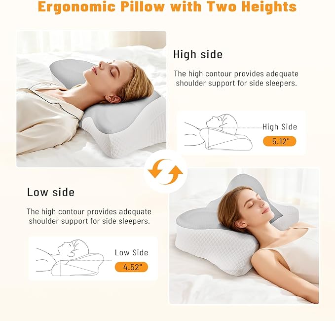 Cervical Neck Pillow Set of 2, Memory Foam Pillow for Neck Pain Relief, Ergonomic Bed Pillow with Neck Support for Side, Back & Stomach Sleepers, King, Grey