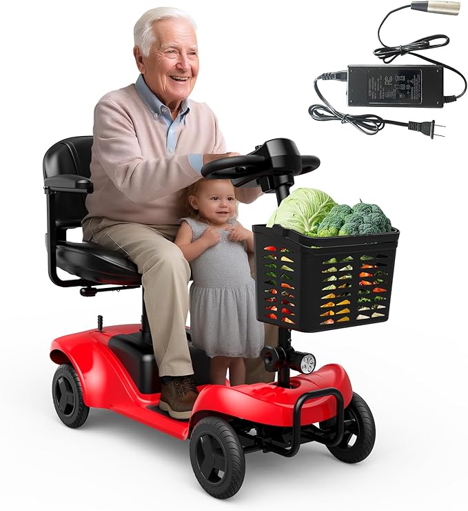 Mobility Scooter for Adults,4 Wheel Mobility Scooter,28 Miles Range,300LBS Capacity,Lightweight and Portable,with LED Headlights and Basket,Charger Included,Gifts Suitable for Elders,red