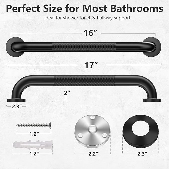 2 Pack Shower Grab Bars for Bathroom 16 Inch Black Stainless Steel Anti-Slip Knurled Grip Home Care Bath Handrail Safety Hand Rail Support for Showers Seniors Elderly Assist Handicap Bath Handle