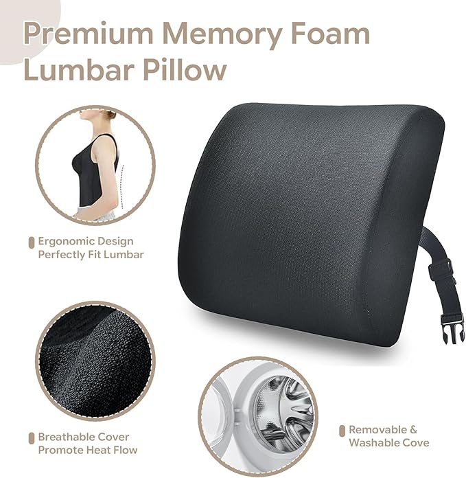 Back Support Pillow for Recliner Support Pillow with Gel Memory Foam Ergonomic Orthopedic Couch Lumbar Cushions for Elderly Lower Back Pain Relief Washable Cover, Black