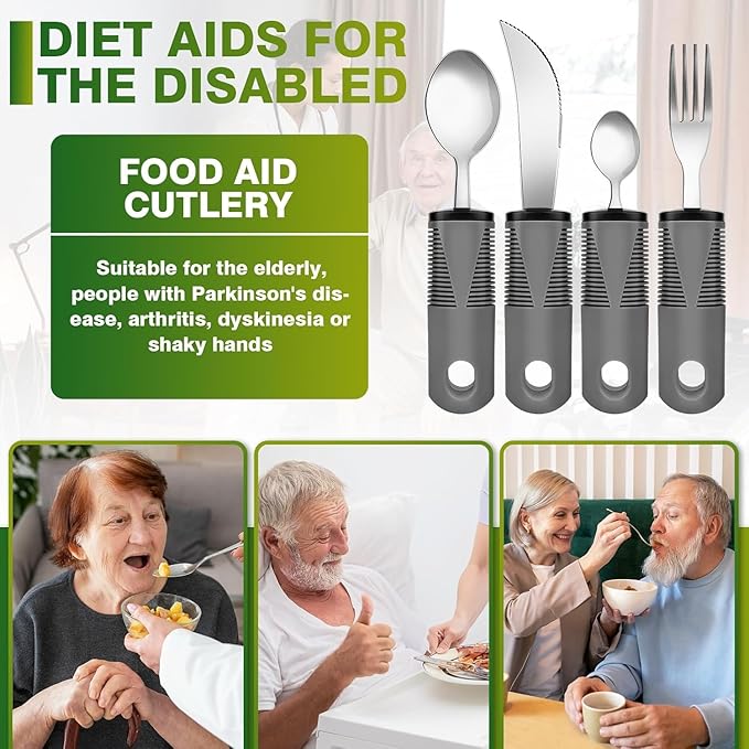 4-Piece Set Adaptive Utensils for Hand Tremors, Parkinson's, Arthritis - Weighted, Easy Grip, Extra Wide Handles - Knife, Fork, Spoon, Teaspoon - Grey