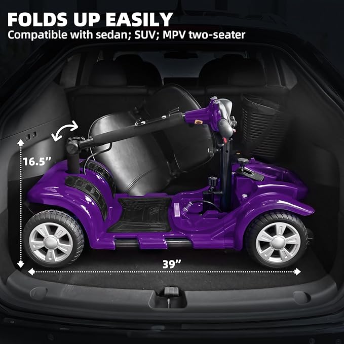 Arshin Mobility Scooter, Electric Foldable Mobility Scooter 300lbs Capacity with Detachable Battery, 15-Miles Powered Mobility Scooters for Seniors & Adults with USB Port, Charger Included (Purple)