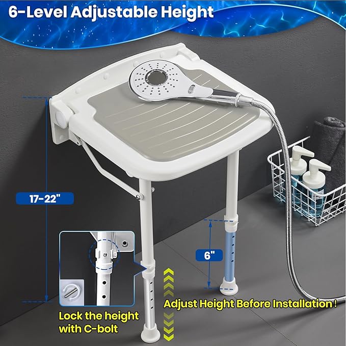 Wall Mounted Shower Seats with Bathroom Grab Bar(FSÄ/HSÄ), Support 550lbs, Adjustable Height Fold Down Shower Seat Wall Mounted Folding Shower Bench for Elderly-Adults-Pregnants-Seniors-Disabled