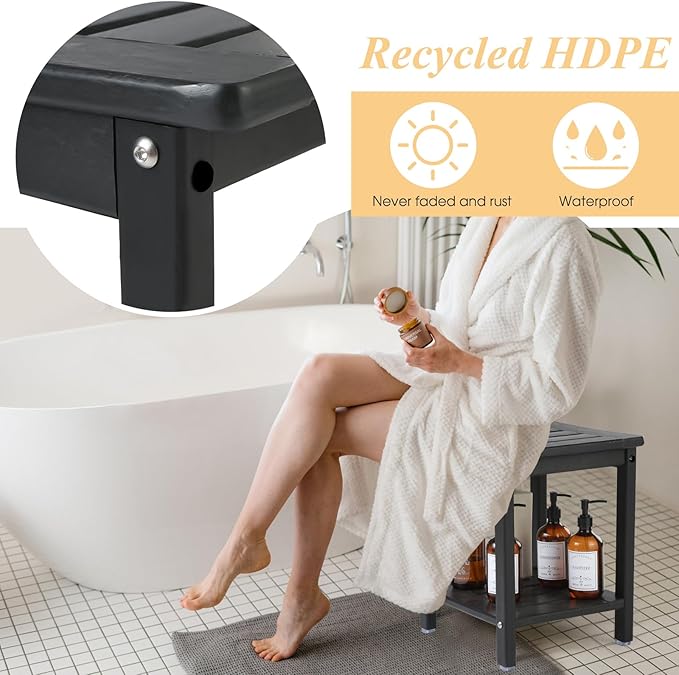 Apolimi Shower Chair,HDPE Shower Bench for Inside Shower to Sit On It, Shower Stool with Storage Shelf 2-Tier Spa Stool for Elderly,Water Resistant & Non-Slip Design Shower Seat Bench (Black S Size)