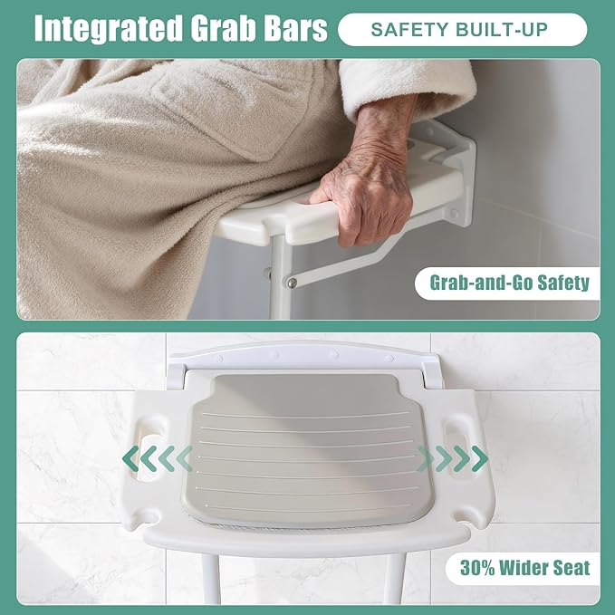 Wall Mounted Shower Seat with Arms, 2mm Thick Aluminum Frame Supports 550lbs, Folding Shower Chair with Memory Foam Cushion, 8 Adjustable Heights, Fold Down Bathroom Bench for Seniors & Disabled