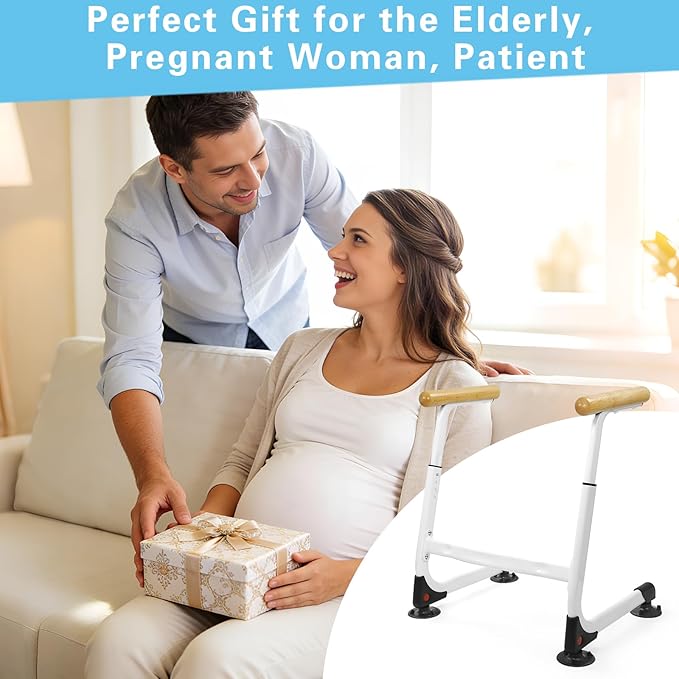 Toilet Safety Rails (350LBS), Adjustable Height Toilet Safety Frame for Elderly and Disabled, Stand Alone Toilet Safety Rails for Seniors, Handicap Toilet Rails Fits Most Toilets, Wood Color