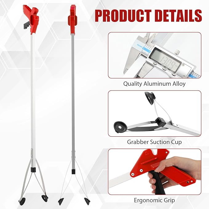 Sabary 5 Pack Suction Cup Reacher Grabber Heavy Trash Picker Grabber Tool, Long Handy Aids Nonslip Claw Reach Tool for Elderly Pick up Stick Arm Extension Litter Picker (Red)