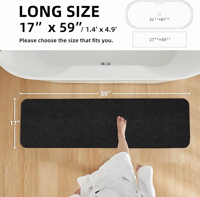 TYUU Black Bath Mat, Bathroom Rugs Non Slip Washable Thin Absorbent Quick Dry Bath Mat Fits Under Door Bathroom Floor Mat Perfect for Bath, Shower, or Sink 17"x59" Black