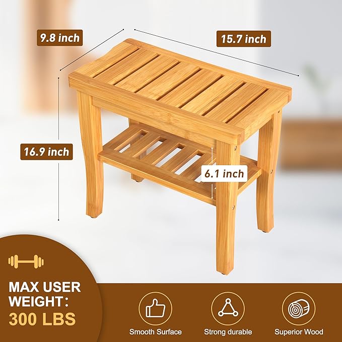 Bamboo Shower Bench Stool with Storage Shelf Waterproof Shower Chair Spa Bath Seat First Apartment Essentials New Home Must Haves Things Stuff Accessories House Warming Hostess Host