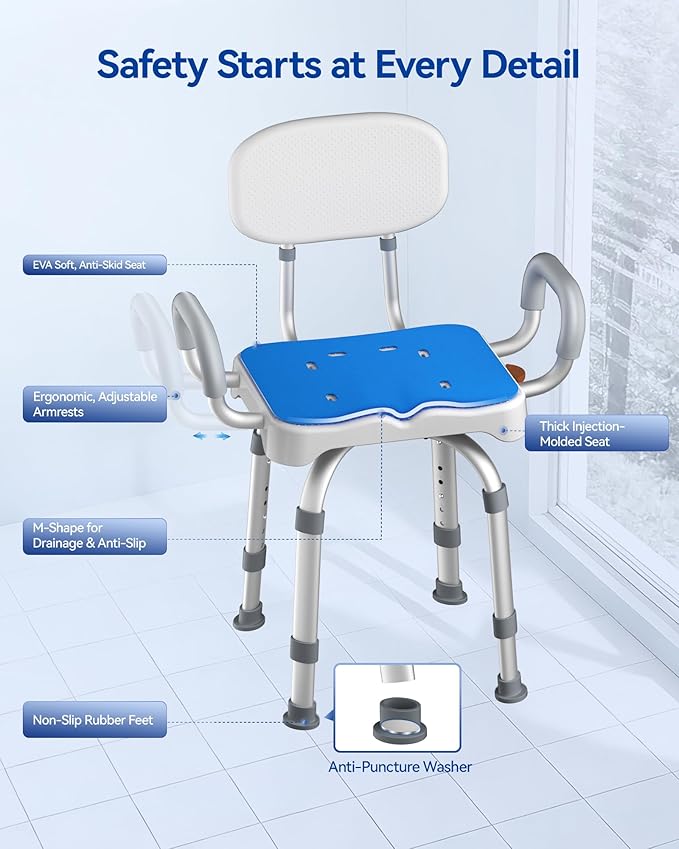KingPavonini Swivel Shower Chair with Arms and Back, 550 lbs Heavy-Duty Shower Chair for Inside Shower Stall and Tub, Anti-Slip M-Shaped Seat & Height Adjustable Shower Seat for Elderly and Disabled