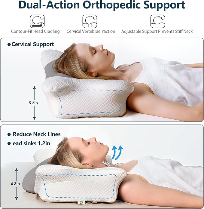 Cervical Neck Pillow for Sleeping, Adjustable Ergonomic Pillow, Contour Neck Support Side Sleeper Pillows for Adults, Memory Foam Pillow for Neck and Shoulder Pain Relief, Back,Stomach Sleeper