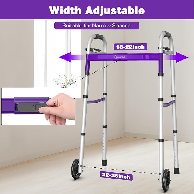 Whlicks Narrow Folding Walkers for Seniors,Aluminum Lightweight Walkers with Wheels, Adjustable Width and Height Front Wheel Walker for Elderly and Disabled, Supports up to 350 lbs