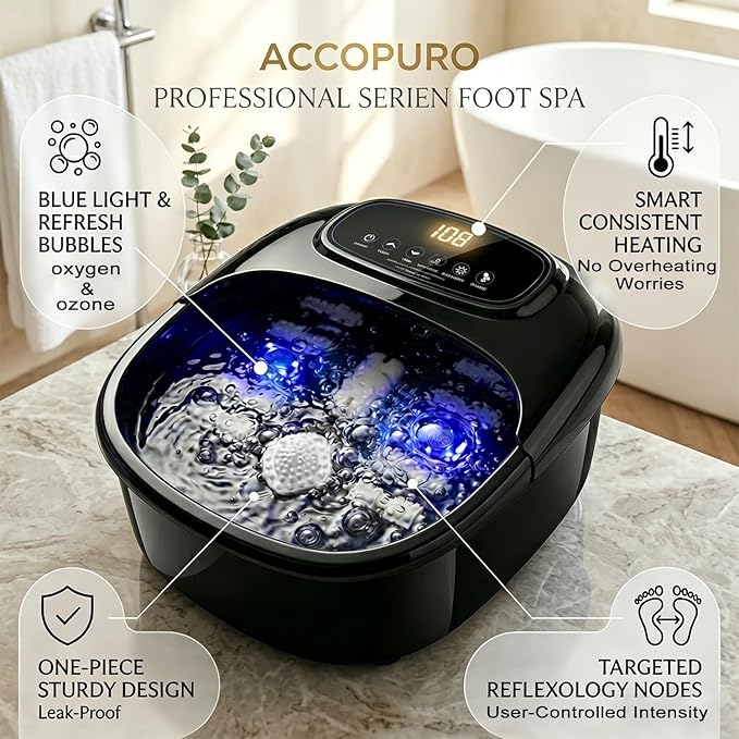Foot Soaking Tub with Ozone UV, Foot Spa Bath Massager with Heat and Bubbles, Custom Temp Control, Pressure Rollers for Tired Feet, Gift Set for Parents Couples (Black)