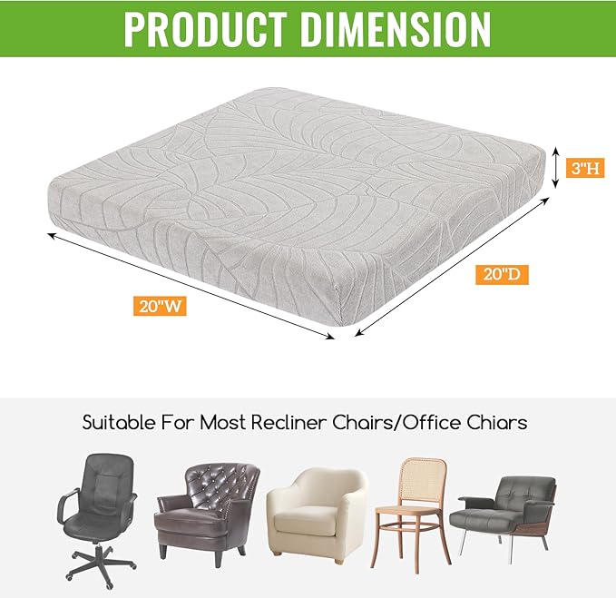 Recliner Cushions for Long Sitting Foam Seat Cushion Soft Tufted Layer for Elderly Seniors, Recliner Chair, Floor Pillow, Office Chair, Car, No Pressure on Thighs, 20X20X3 Inch - Light Grey