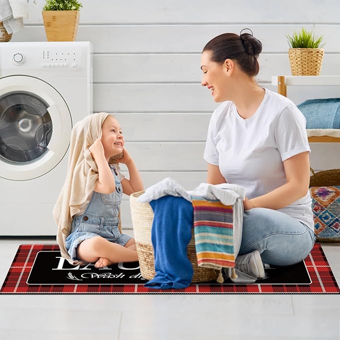 XLHOMO Laundry Room Rug Runner, 17"x47" Buffalo Plaid Non Slip Red Laundry Rugs, Farmhouse Washable Floor Laundry Mats for Laundry Room, Mudroom, Kitchen, Washroom, Bathroom, Entryway Rugs Decor