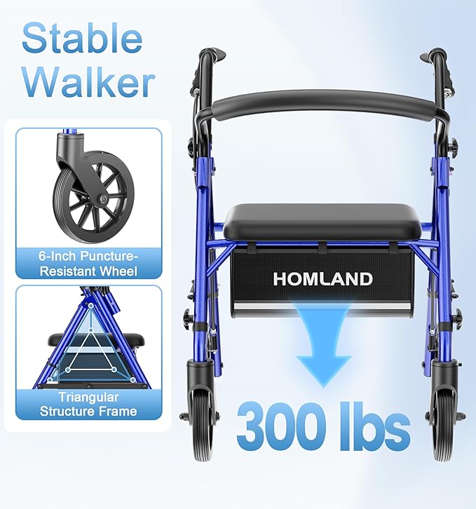16 Pounds Lightweight Walkers for Seniors with Seat, Narrow Rolling Walker with 4 Puncture-Resistant Wheels, 5-Level Height Adjustable, 300 lbs Weight Capacity (Blue)