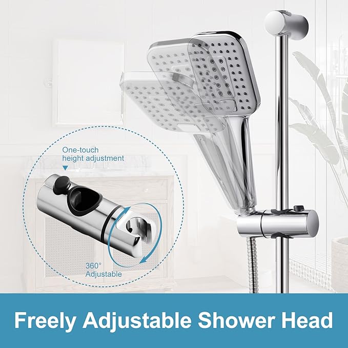 OFFO Shower Slide Bar Combo, Adjustable 39 in Slide Bar with 3-Mode Square Handheld Shower Head and 60 in Stainless Steel Hose, Screw Wall Mounted, Chrome Finish