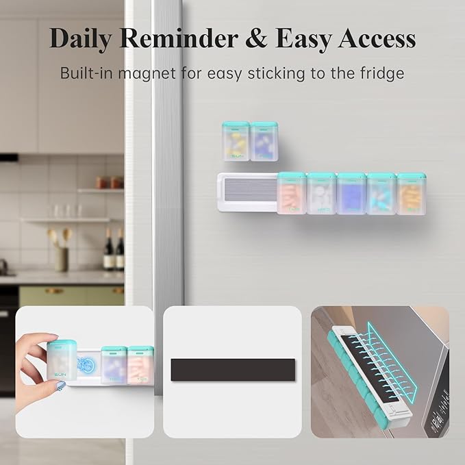 KOVIUU Weekly Pill Organizer Magnetic, Removable Pill Box 7 Day 1 Time a Day, Large Pill Case Travel, Week Once Daily Medication Dispenser, Medicine Container Holder for Supplement Vitamin, Cyan