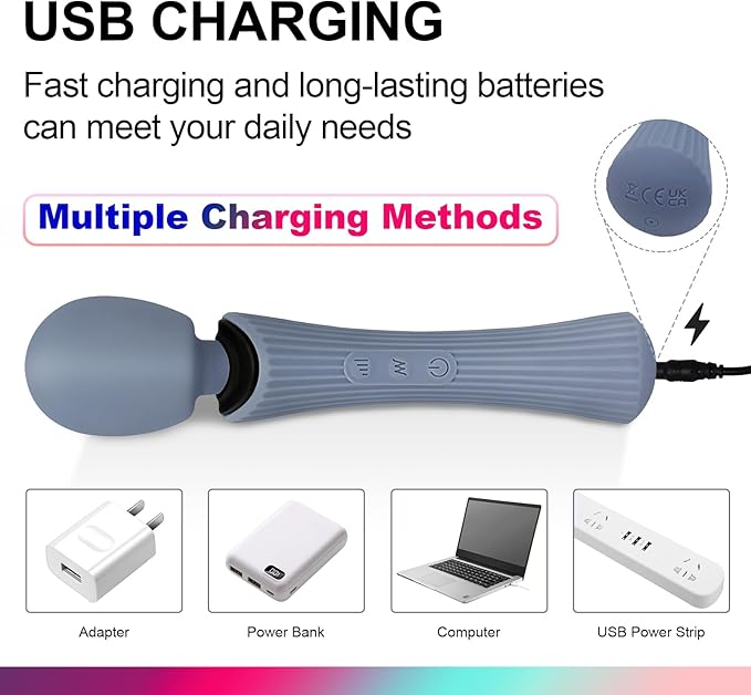 Handheld Personal Wand Massager, 12 Vibration Modes 3 Speeds, 360°Flexible Neck, IPX7 Waterproof, Cordless USB Rechargeable Massager for Neck Shoulder Back Deep Tissue Relief, Rose Blue
