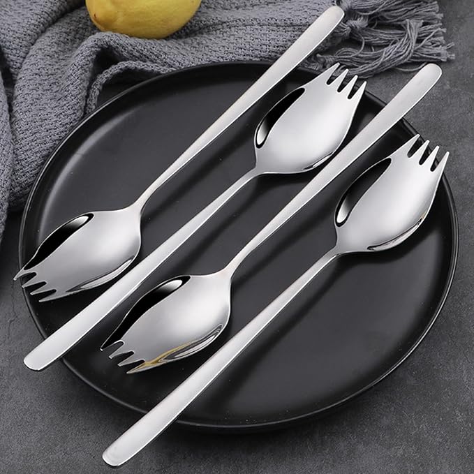 IQCWOOD Sporks Stainless Steel, Salad Forks, 8 Pack 18/10 Stainless Steel Spork, 7.4 Inches Long Handle Dessert Spoons, Ice Cream Spoons Fork Reusable Fruit Appetizer Dessert Forks for Household Use