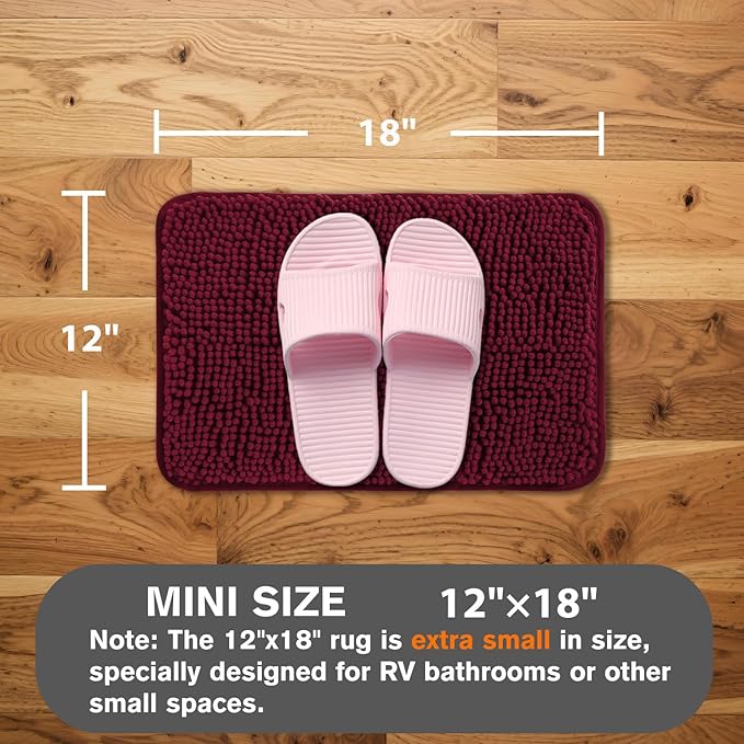 Small Bathroom Rug 12"x18" – Washable and Absorbent Bath Mat, Non Slip, Thick Soft Chenille Bath Rugs for Bathroom, Shower, Sink, Dog mat(Vivid Burgundy)