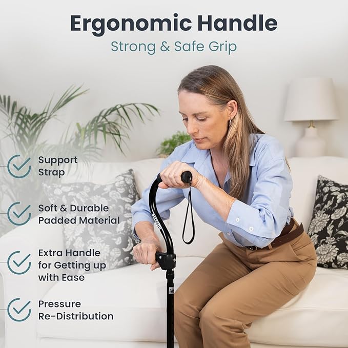 PELEGON Quad Cane (300LB) - Adjustable Walking Cane with A Large 4 Pronged Base for Extra Balance & Stability, Walking Canes for Seniors, Walking Cane for Men & Women, Walking Sticks
