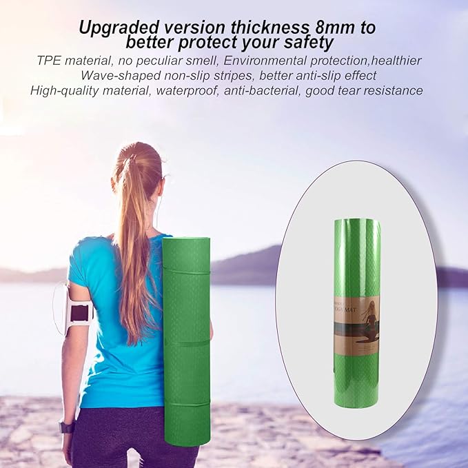 Yoga Mat 1/3" (8mm) Thick Non-Slip, Women Men Fitness & Exercise Mat, 72"Lx24"W Eco-Friendly TPE Workout Mat with Carrying Strap for Yoga, Pilates, Home Gym, Floor Exercises
