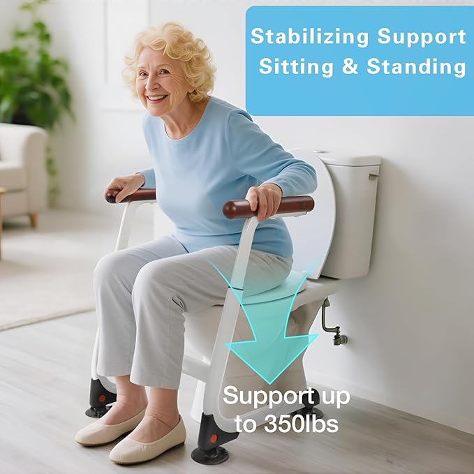 Toilet Safety Rails, Stable Toilet Handles for Elderly and Disabled with 4 Suction Cups, Adjustable Height Toilet Rails for Seniors with, Toilet Assist Rails Handrails Up to 350 LBS, Brown Color