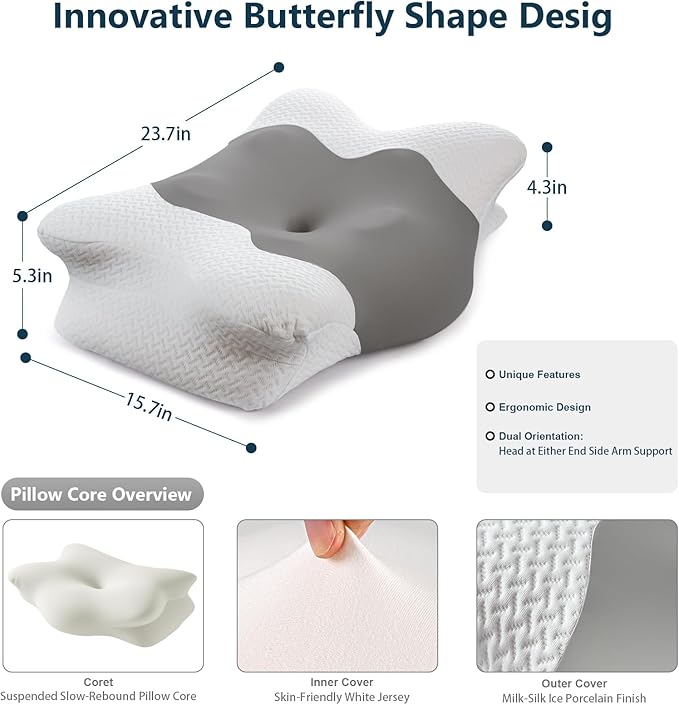 Cervical Neck Pillow for Sleeping, Adjustable Ergonomic Pillow, Contour Neck Support Side Sleeper Pillows for Adults, Memory Foam Pillow for Neck and Shoulder Pain Relief, Back,Stomach Sleeper