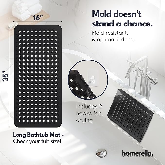 Bathtub Mat Non Slip 35x16 - homerella® Bath Mat Incl. Hooks for Drying, Extra Long, 100% BPA Free, Shower Mat Non Slip Anti Mold, Machine Washable, Shower Mats for Inside Shower Mildew Resistant