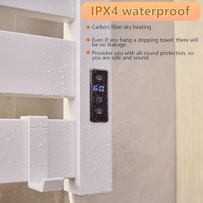Towel Warmer Rack, Heated Towel Rack for Bathroom, Wall-Mounted Plug (Not Hardwired), Aluminum alloy/7 large area heating rods, With Timer and Temperature Adjustment, Overheat Protection Function