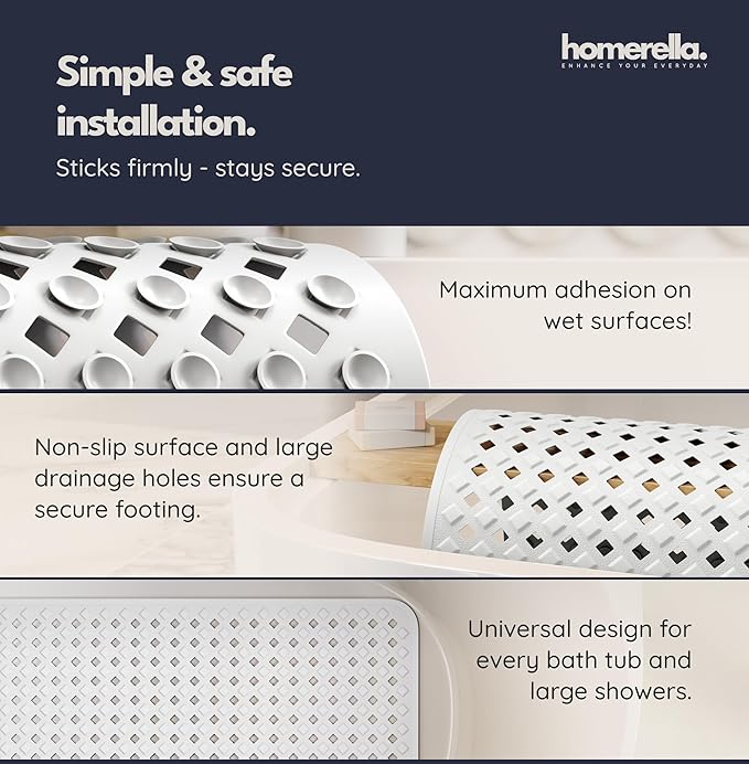 Bathtub Mat Non Slip 35x16 - homerella® Bath Mat Incl. Hooks for Drying, Extra Long, 100% BPA Free, Shower Mat Non Slip Anti Mold, Machine Washable, Shower Mats for Inside Shower Mildew Resistant