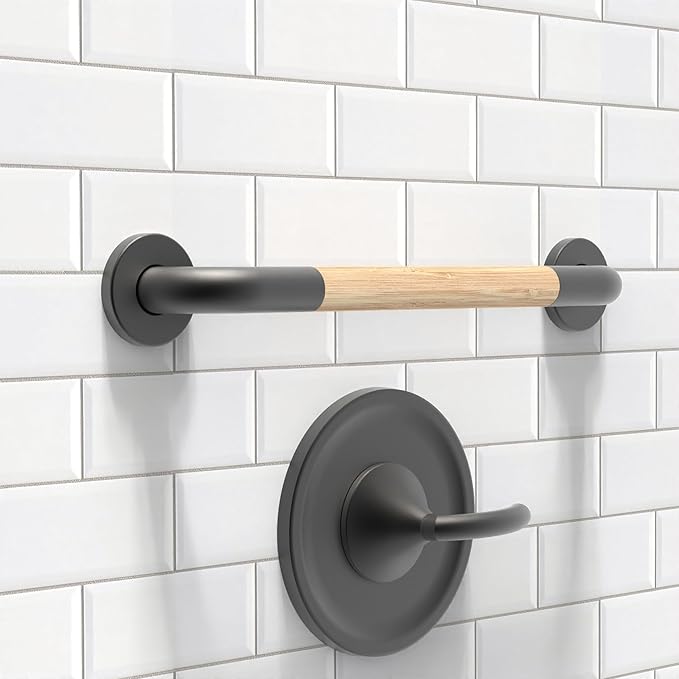 Safety Grab Bar for Bathroom & Toilet, Natural Bamboo Handle, ADA Compliant Balance Assist Handrail for Handicap and Seniors, 18in Matte Black