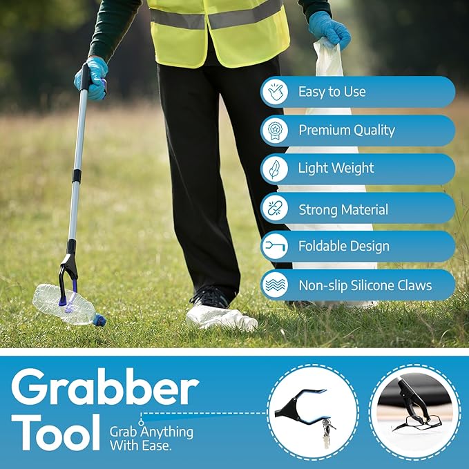 FitPlus 2024 Upgrade PowerGrip T9, Grabber Reacher Tool, Wide Jaw, Foldable, Steel Cable, with 96 Grip Points for Firm Grip, 32" with Magnet