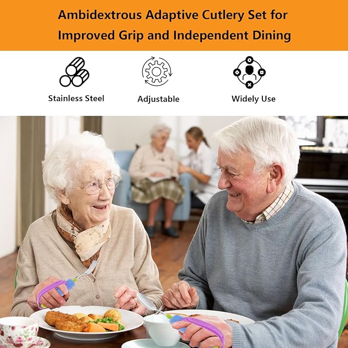 Adaptive Utensils for Arthritis, Parkinson’s & Hand Tremors – 360° Rotating Weighted Fork and Spoon with Adjustable Silicone Strap, Non-Slip Handle, Promote Independent Eating for Elderly