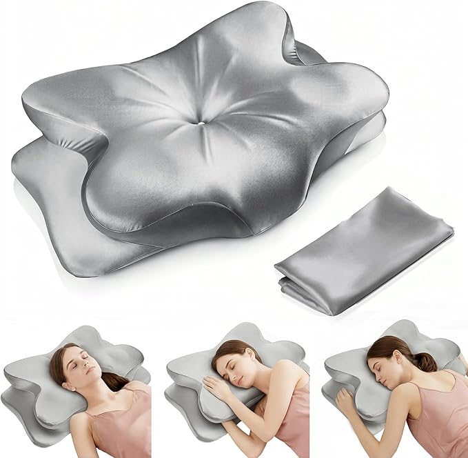 Cervical Neck Pillow for Neck Pain Relief,Ergonomic Memory Foam Contour Pillow with Wrinkle-Resistant Silky Satin Cover & Extra Removable Cover,Orthopedic Pillow for Side,Back,Stomach Sleepers,Gray