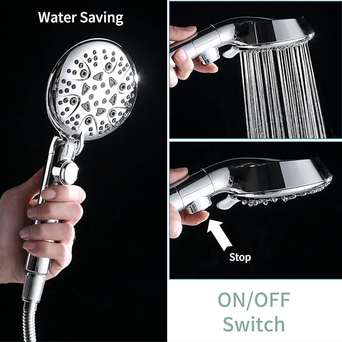 Handheld Shower Heads with ON OFF Switch,Extra Long 79-inch Hose 8 Spray Settings High Pressure Detachable Showerhead,Built-in Power Sprayer to Clean Pets, Adjustable Angle Bracket,Silver