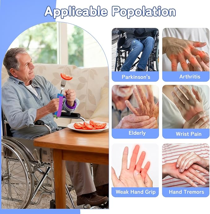 Adaptive Utensils Set, 2pcs Spoons Forks Set for Elderly, Weighted Utensils for Hand Tremors, Arthritis Weakness, and Parkinsons, with Non-Slip Easy Grip Handle, 360 Degree Rotation Rubber Strap