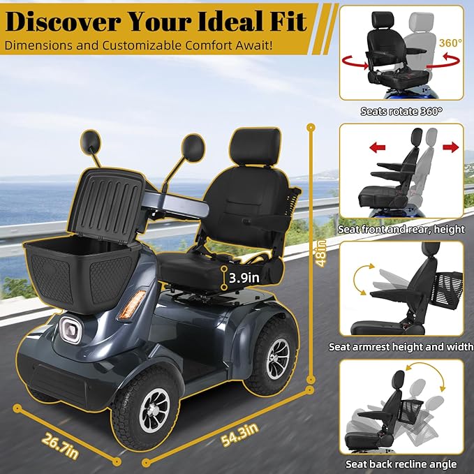 Ecomobi Outdoor Heavy Duty Mobility Scooter for Adults & Seniors - 1000W, 500 lbs Bariatric Capacity, 32 Miles Long Range, 13.78 in Off-Road Tires, 15 MPH Max Speed, Full Suspension, Bluetooth Speaker