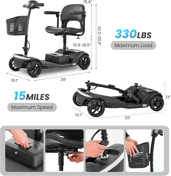 Eficentline Mobility Scooter for Seniors & Adults, Foldable Power Scooter with LED Lighting, Comfortable Seat, Safe Braking System – M2 Model, Black