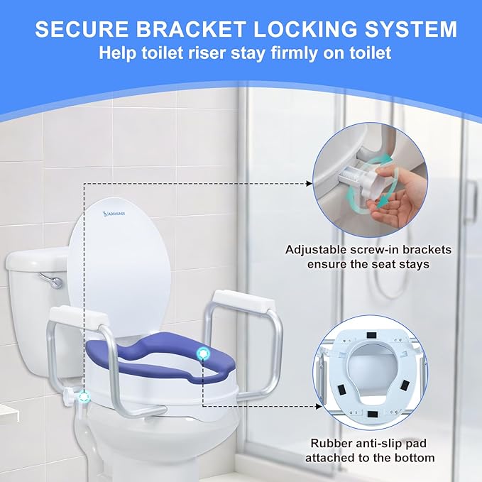 Raised Toilet Seat with Handles - Adds 5 Inch - Toilet Seat Risers for Seniors with Cushion - Supports 300 lbs - for 16'' Standard/Round Toilet - Includes Lid, Elevated Toilet Seat, Blue