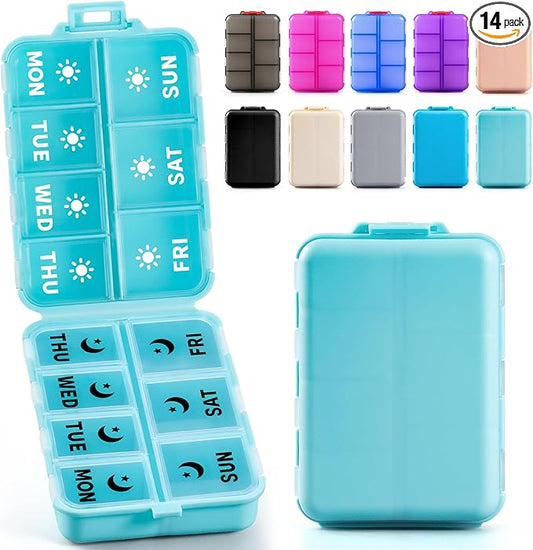 Foldable & Portable Weekly Pill Organizer 2 Times a Day with Clear Printed Labels - 7 Day AM PM Medicine Box, Week Daily Travel Pill Meds Case Holder for Medications, Vitamin, Supplement - SkyBlue