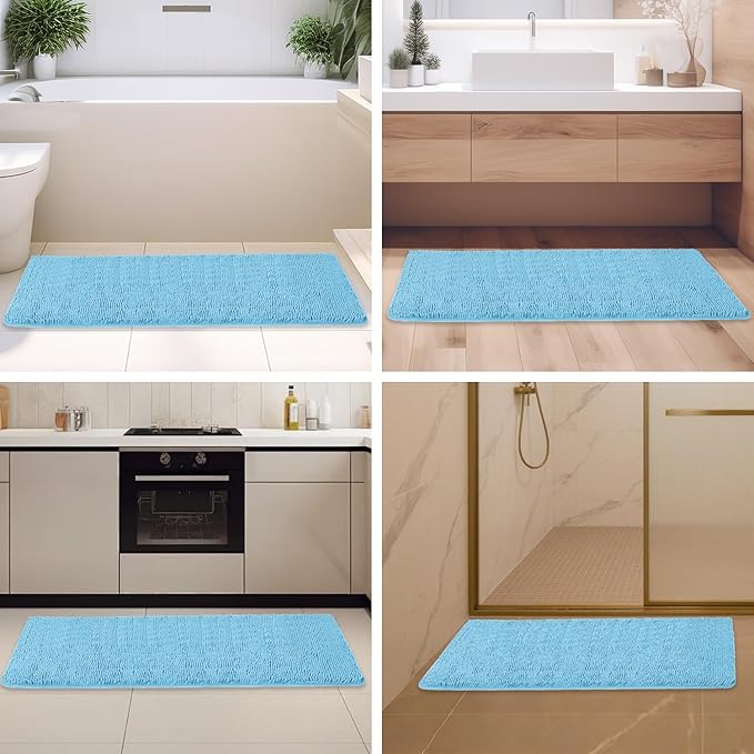 Sky Blue Bathroom Rugs – Absorbent and Washable Bath Mat, Non-Slip, Thick Soft Chenille Bath Rugs for Bathroom Floor, Shower, Sink - 26" x 44"